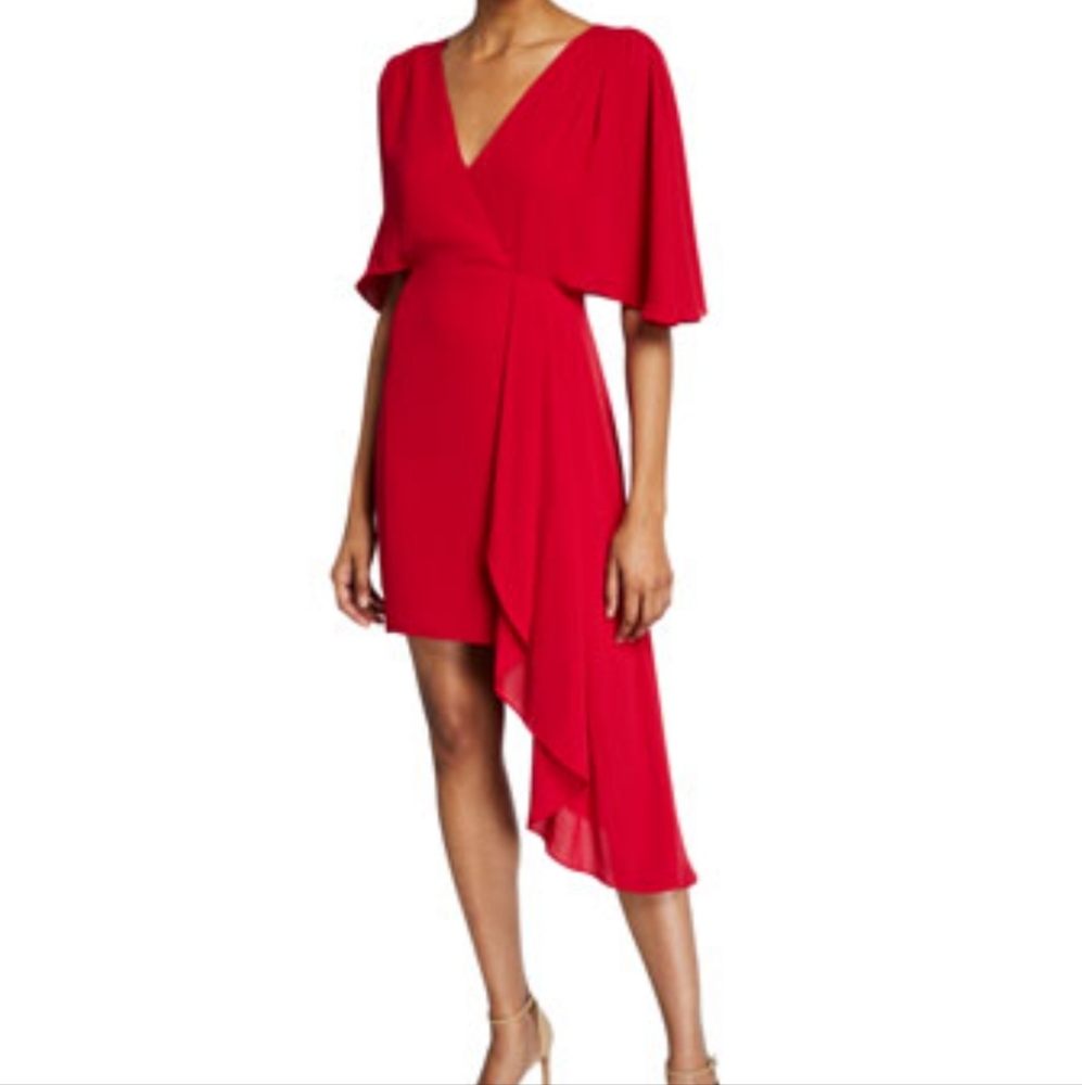 HalstonFlowy Short-Sleeve Faux-Wrap Dress w/ Asymmetric Drape